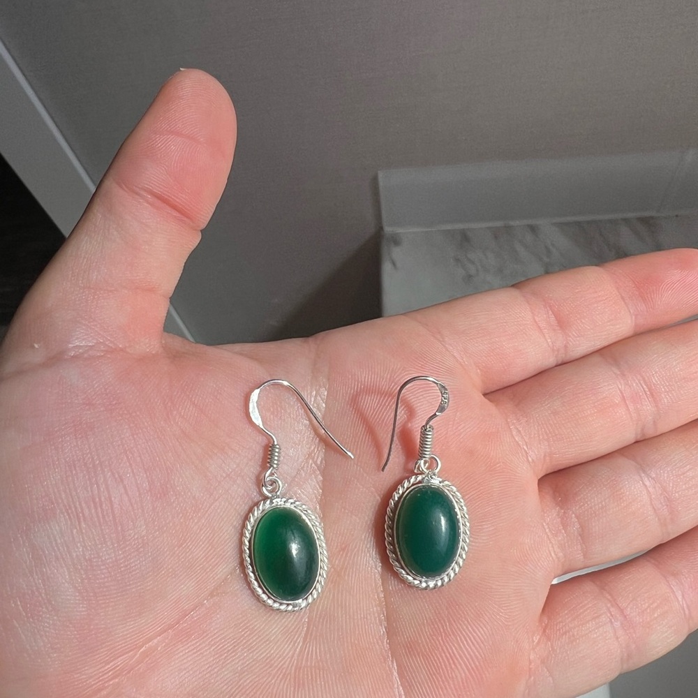 Sterling silver and Green Oval Earrings